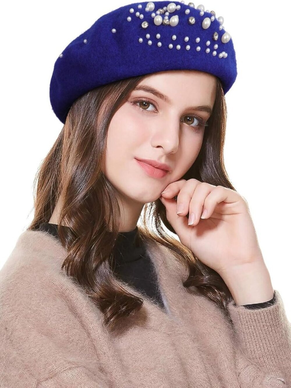 Women's Classic French Wool Beret Pearl & Rhinestone Embellishment Hat RoyalBlue